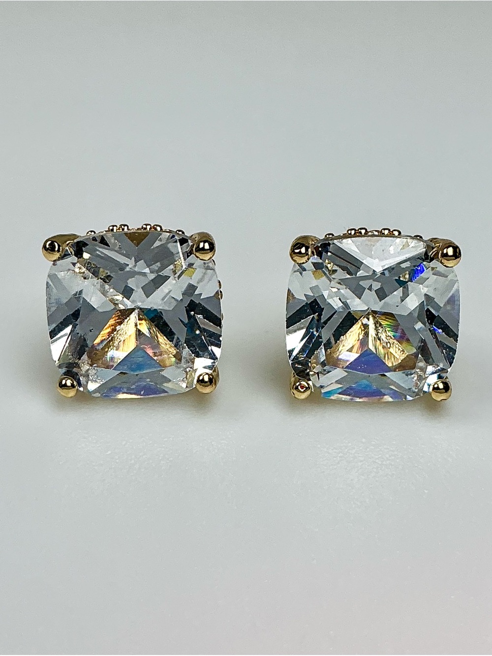 Cushion Cut CZ  Diamond Stud Earrings Square Gold Tone Minimalist Classic